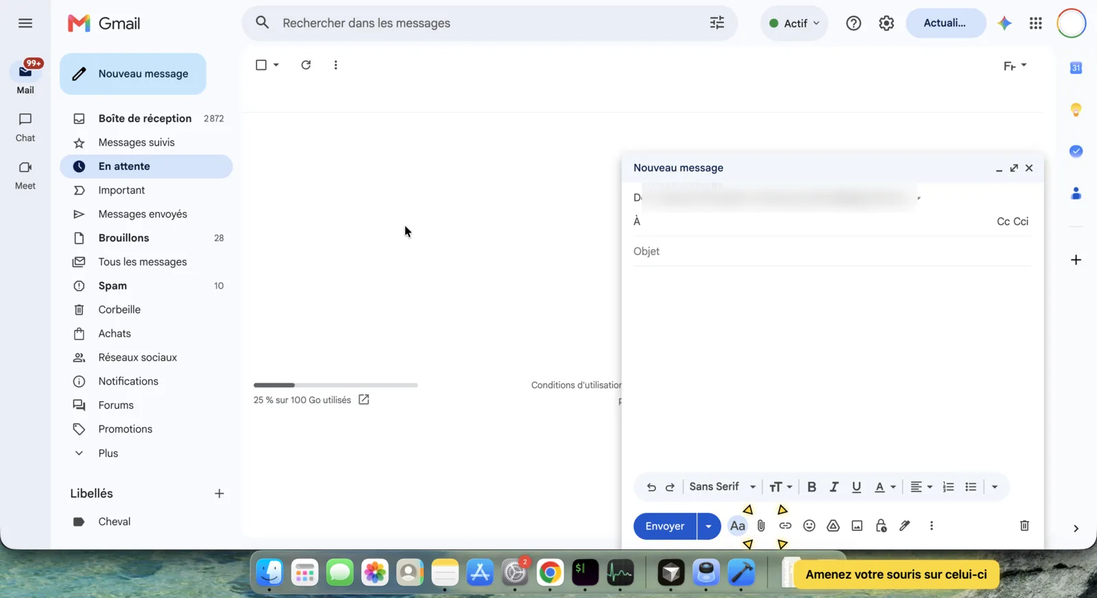 Fenêtre Nouveau message Gmail avec le trombone de pièce jointe entouré en bas de la fenêtre