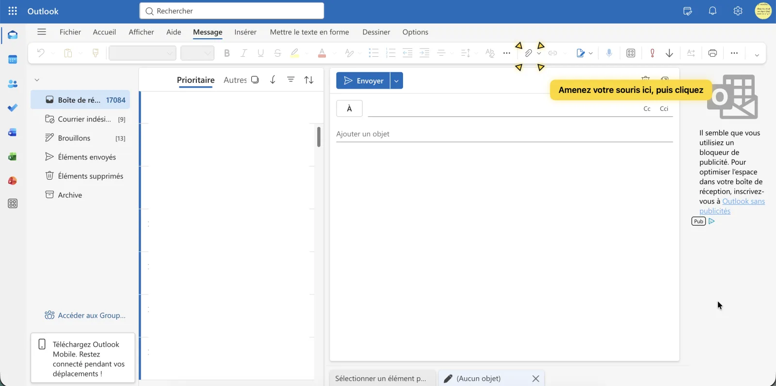 Fenêtre de nouveau message Outlook Web avec le bouton Joindre dans la barre d'outils du haut entouré