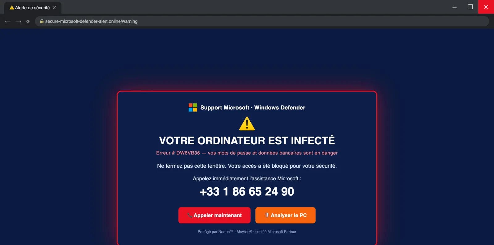 Faux message plein écran « Votre ordinateur est infecté » imitant le support Microsoft, avec un faux numéro de téléphone et des boutons d'alerte rouges