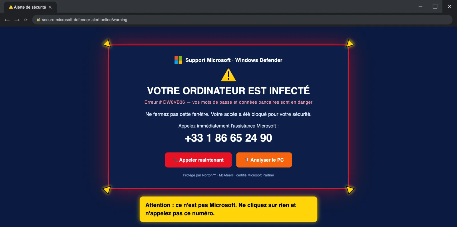 Indigo détectant un faux pop-up de support technique avec un curseur jaune pointant l'alerte et un message de prudence affiché
