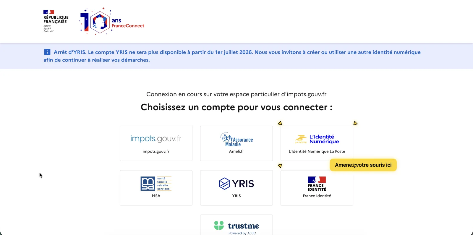 Page FranceConnect de choix du fournisseur d'identité avec les comptes officiels disponibles annotés