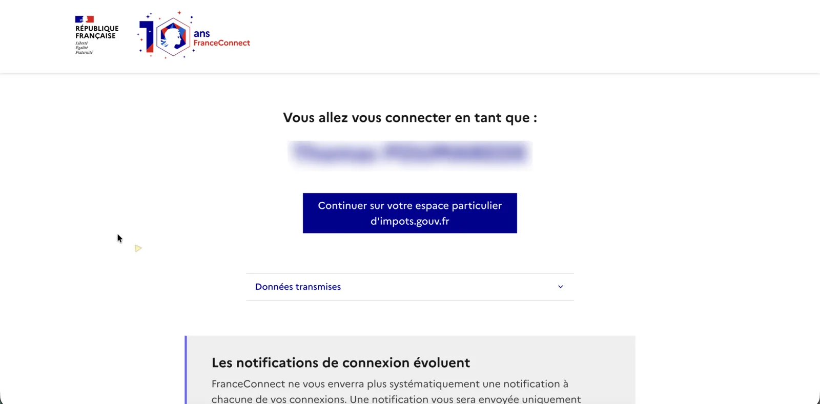 Écran FranceConnect confirmant l'identité reconnue avant de revenir sur le service