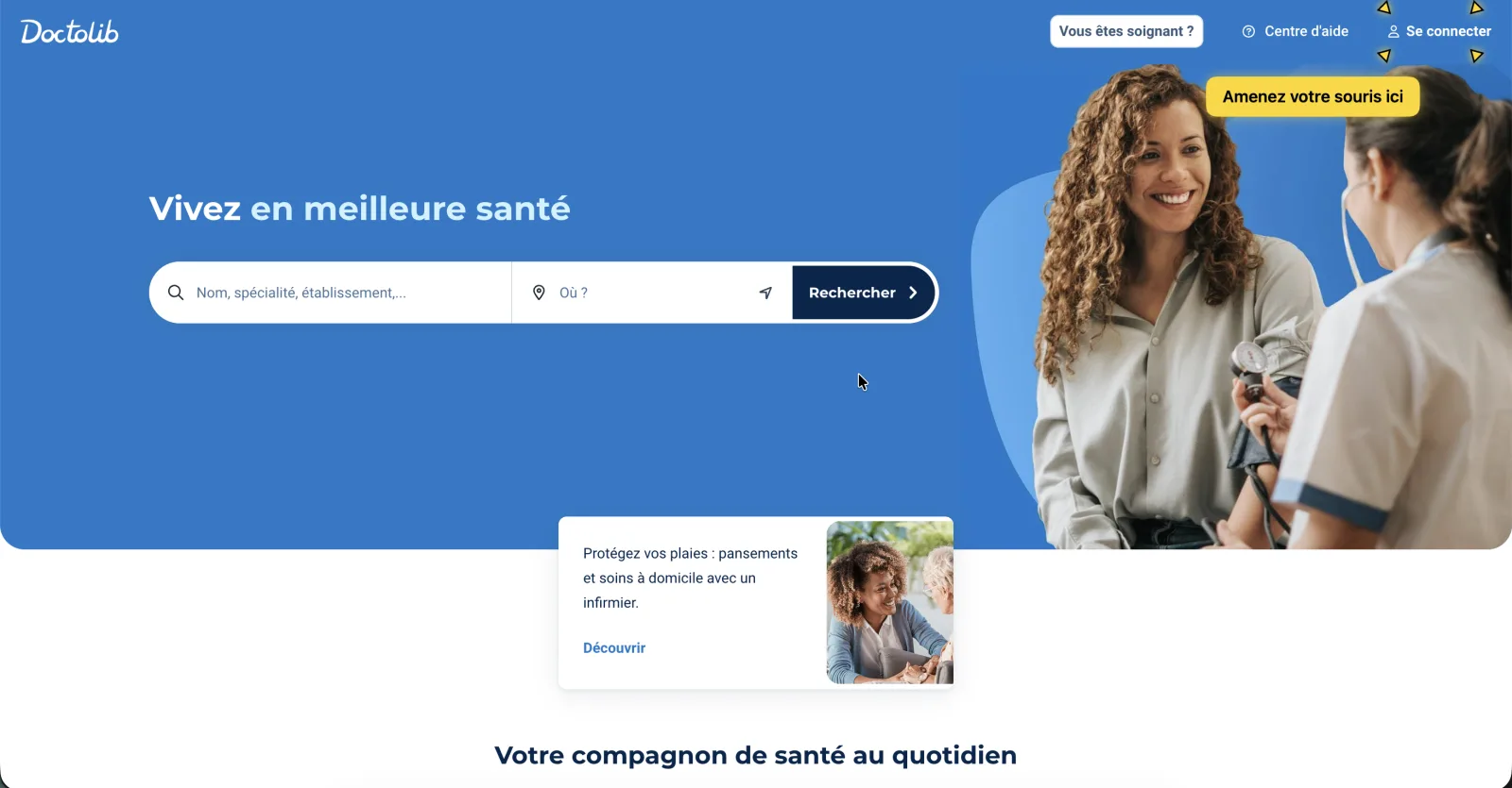 Page d'accueil Doctolib avec le champ email ou téléphone et le bouton Se connecter annotés pour guider un parent senior