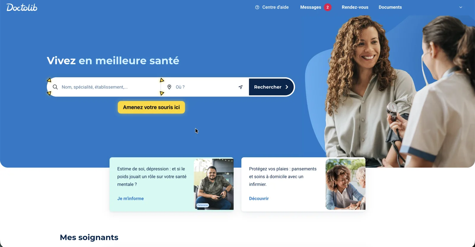 Recherche Doctolib avec les deux champs spécialité ou nom du praticien et ville ou code postal annotés