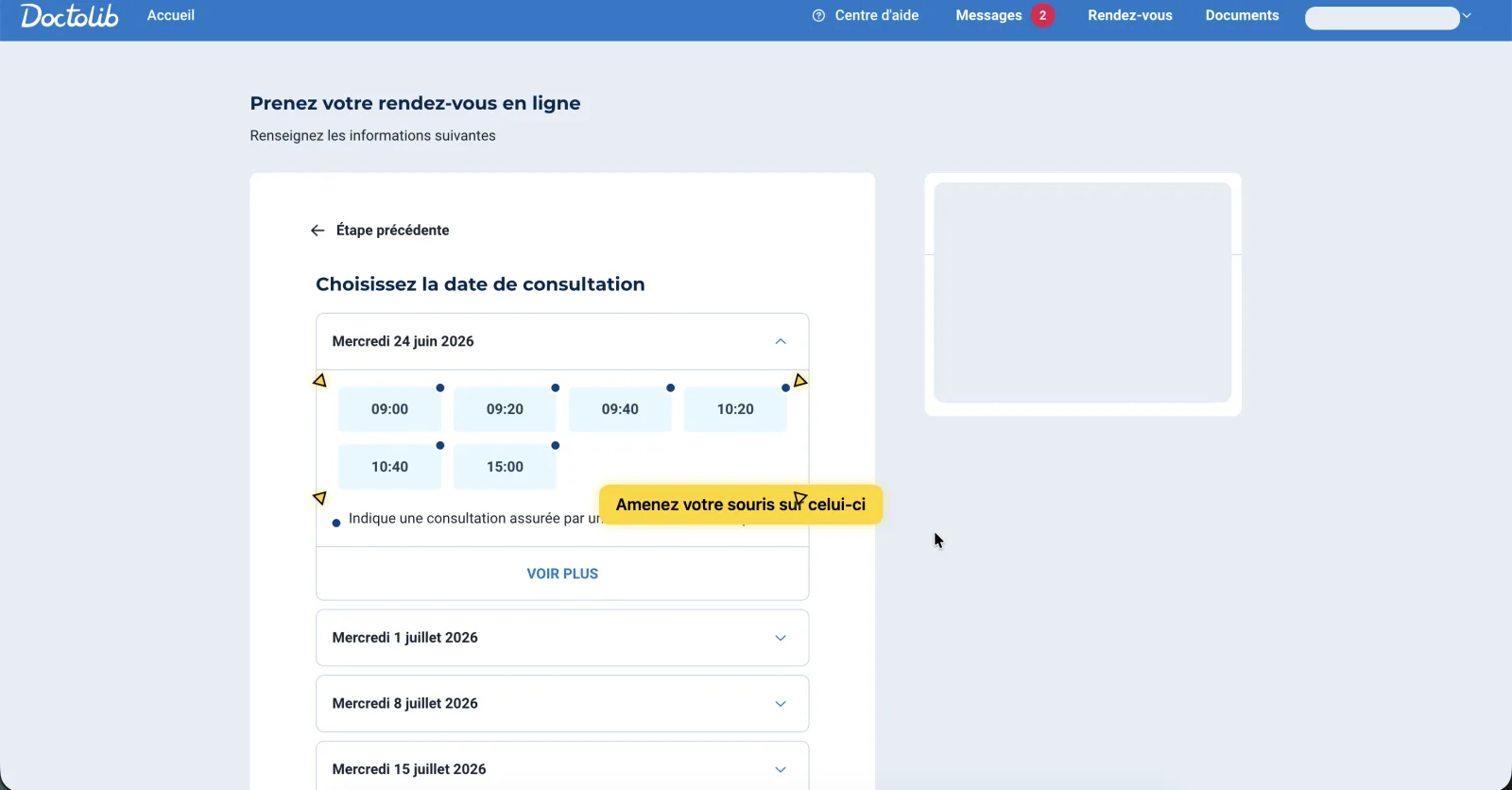 Agenda Doctolib avec un horaire de rendez-vous disponible entouré et la date du créneau mise en évidence
