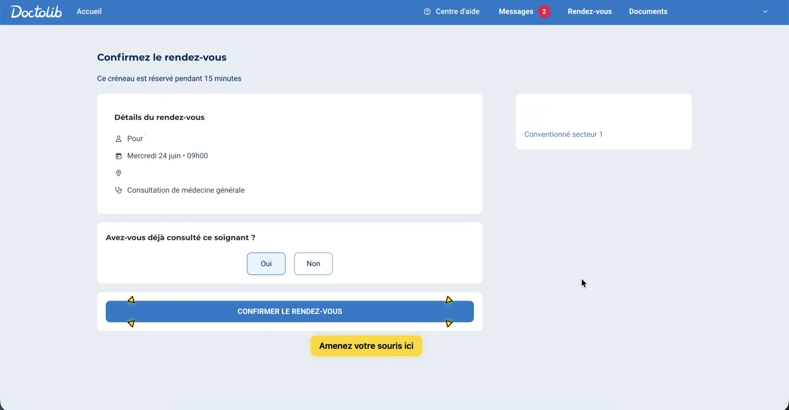 Écran de confirmation Doctolib affichant le récapitulatif du rendez-vous avec la date, l'heure, le praticien et l'adresse