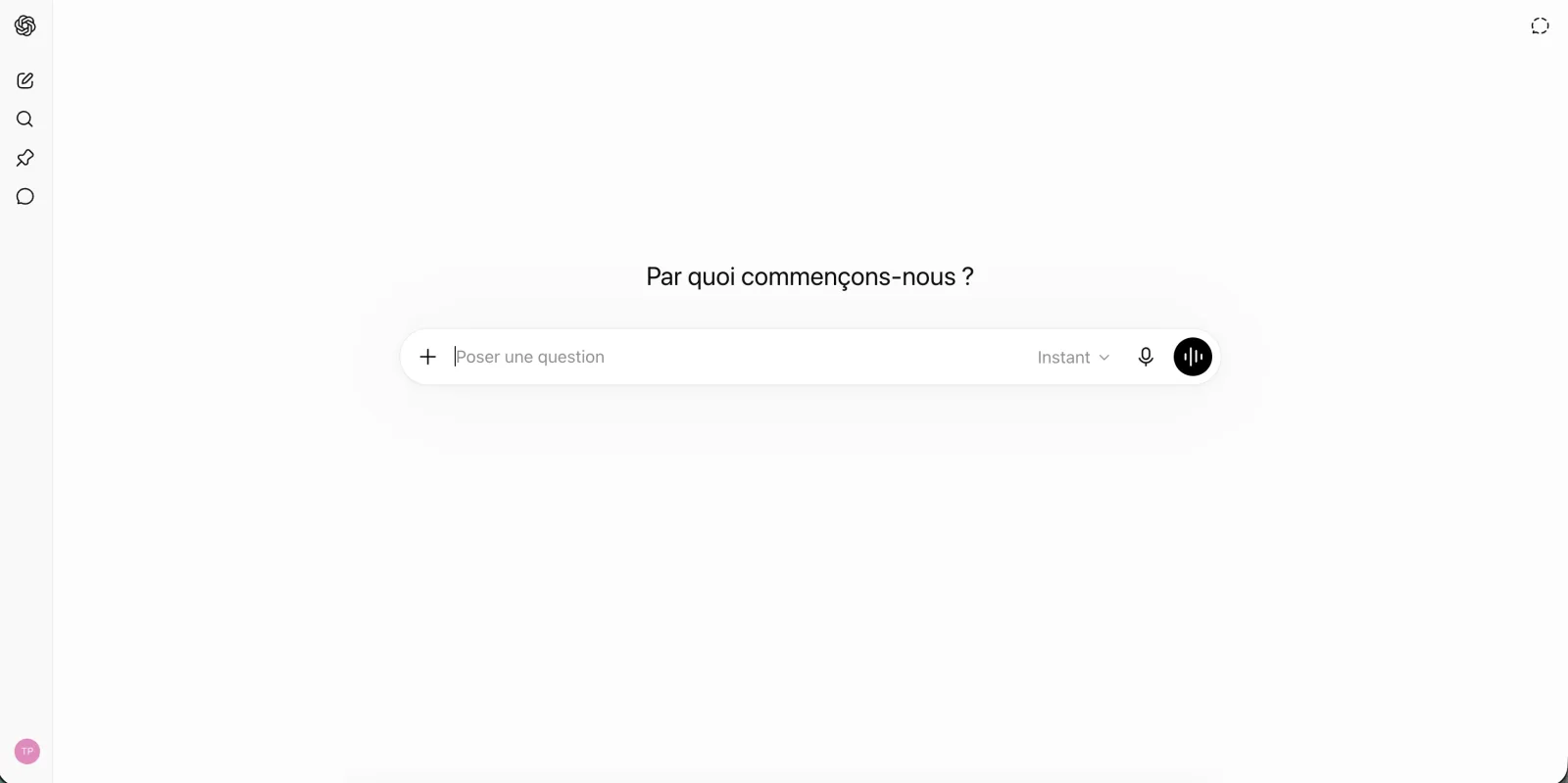 Écran d'accueil de ChatGPT avec une barre de saisie vide et un curseur clignotant