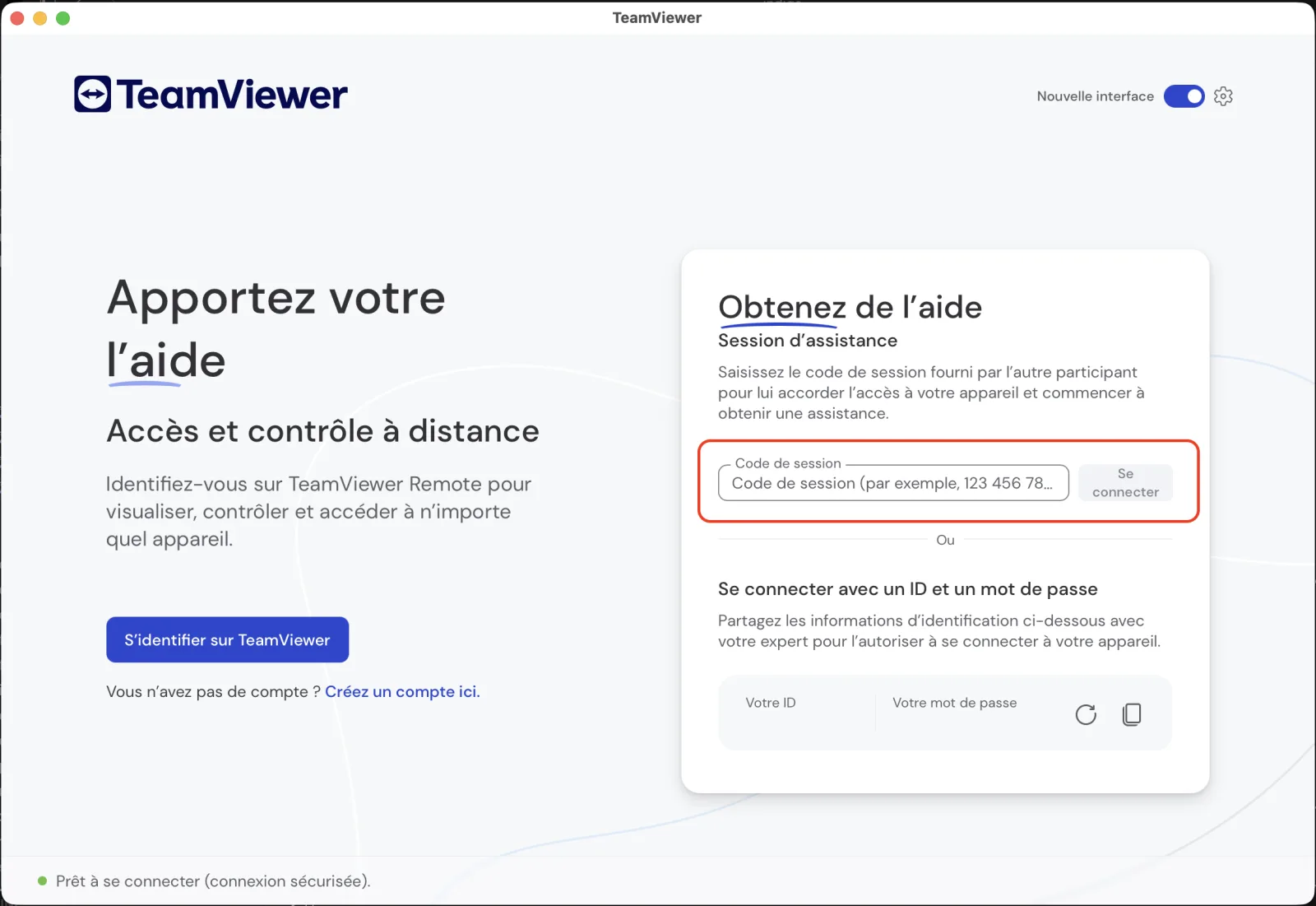 Écran d'accueil TeamViewer côté parent avec l'emplacement du code à dicter entouré et annoté