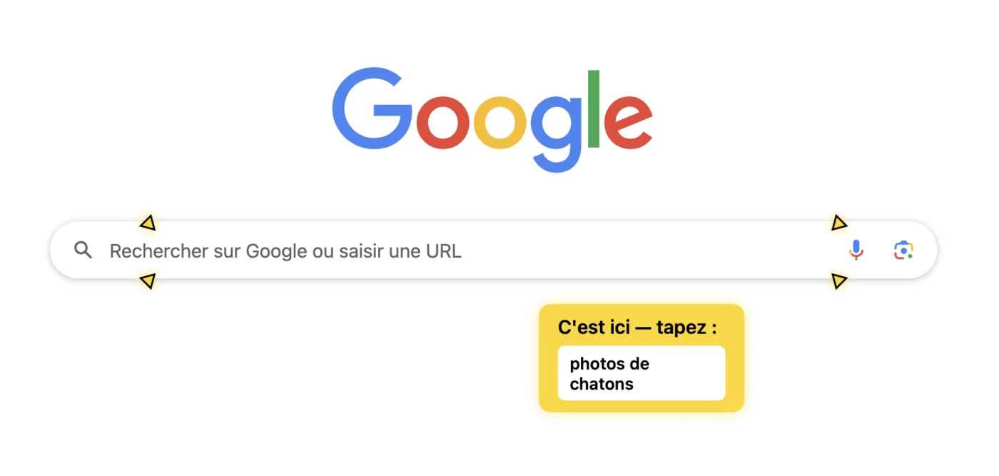Capture d'écran d'Indigo : l'indicateur jaune entoure la barre de recherche Google et une bulle indique le texte à taper
